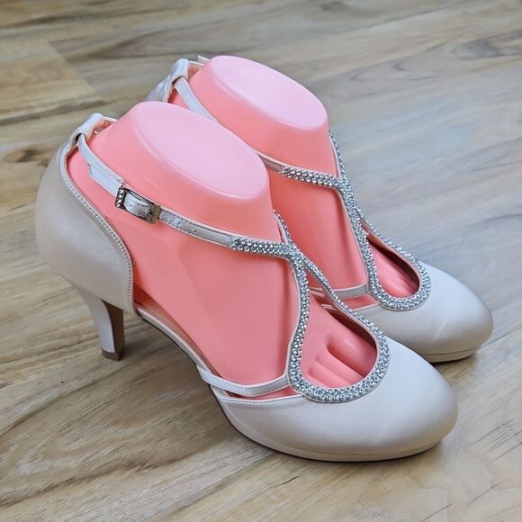 🩵NWOB Champagne Rhinestone Satin Strappy Platform Heels Size 8 - Picture 5 of 14
